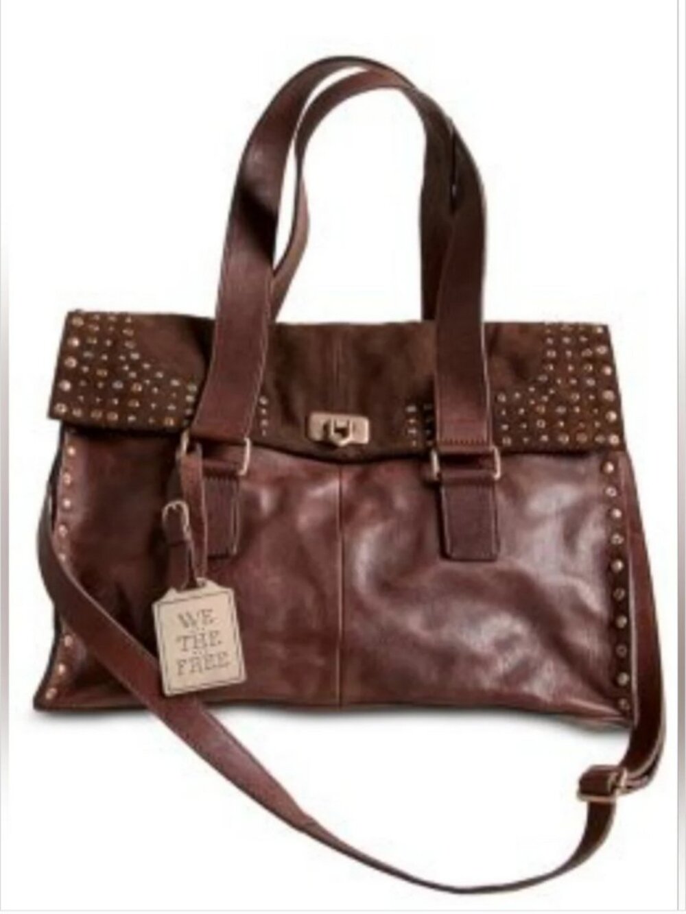 Free People Brown Distressed Leather Studded Satchel Crossbody Bag Boho Shoulder - Picture 3 of 10